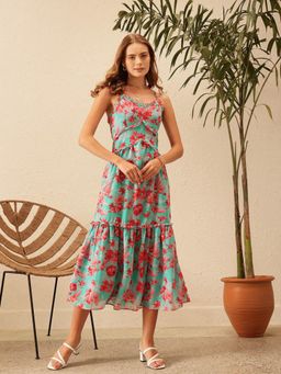 STREET 9 - Turquoise Floral Printed Ruffle Dress