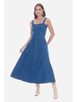 Virgio - Solid Cotton Denim Panelled Midi Dress For Women - Blue