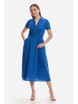 Virgio - Solid Blue Midi Dress With Belt Midi Casual Dress