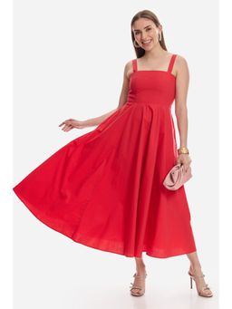 Virgio - Solid Red Back Tie-Up Midi Casual Dress
