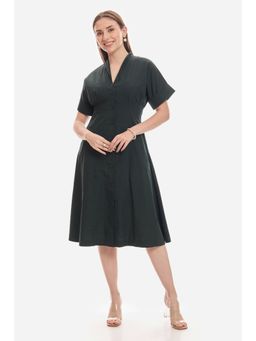 Virgio - Solid Cotton Pleat Detail Midi Dress For Women - Green