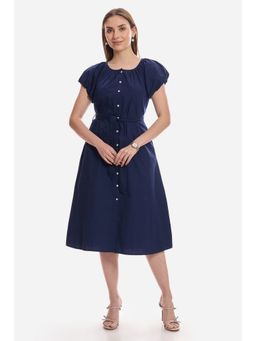 Virgio - Solid Cotton Bubble Sleeve Dress For Women - Navy Blue