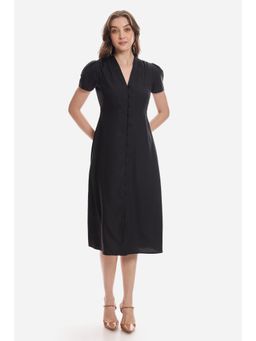 Virgio - Solid Viscose V-Neck Gathered Dress For Women - Black