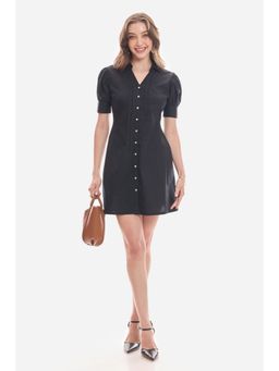 Virgio - Solid Cotton Puff Sleeve Mini Dress For Women - Black