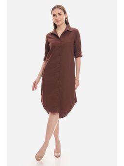 Virgio - Solid Brown Relaxed Fit Midi Shirt Dress
