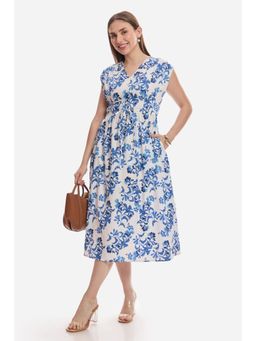 Virgio - Floral Printed Cotton Extended Sleeve Long Dress For Women - Blue