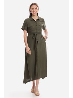 Virgio - Solid Viscose Twill Maxi Shirt Dress with Belt For Women - Olive