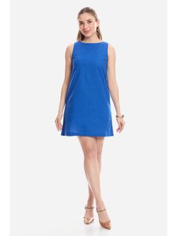 Virgio - Solid Cotton A Line Mini Dress For Women - Blue