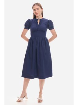 Virgio - Solid Cotton Puff Sleeve Navy Midi Dress For Women - Navy Blue