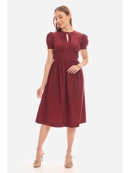 Virgio - Solid Cotton Puff Sleeve Maroon Midi Dress For Women - Maroon