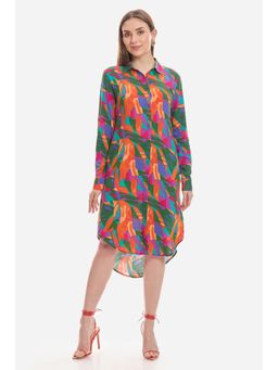 Virgio - Abstract Viscose Relaxed Fit Midi Shirt Dress For Women - Multi-Color