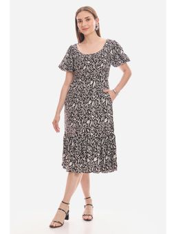 Virgio - Floral Black Viscose Twill Pintuck Detail Smocked Back Puff Sleeves Dress