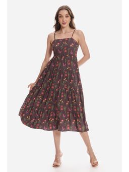 Virgio - Brown Floral Printed Strappy Tier Midi Brunch Dress