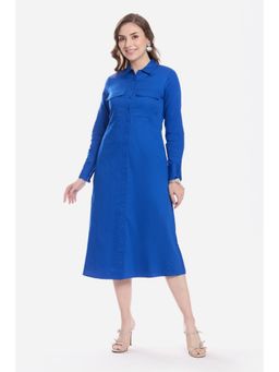 Virgio - Solid Cotton Satin Flap Pocket Midi Dress For Women - Blue