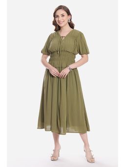 Virgio - Solid Viscose Smocked Tie-Up Midi Dress For Women - Olive