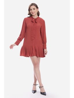 Virgio - Solid Rust Neck Tie-Up Mini Dress With Bishop Sleeve Dress