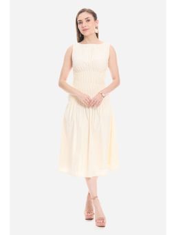 Virgio - Solid Off White Sleeveless Front Pleated Dress