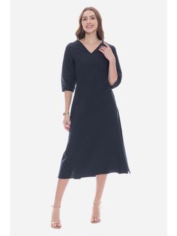 Virgio - Solid Black V-Neck Relaxed Fit Midi Dress