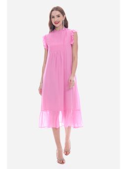 Virgio - Solid Pink Pin Tuck Detail Midi Dress