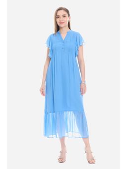 Virgio - Solid Blue Pintuck Tiered Dress With Flutter Sleeve