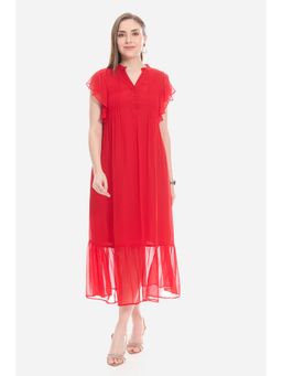 Virgio - Solid Red Pintuck Tiered Dress With Flutter Sleeve