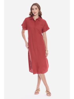 Virgio - Solid Rust Midi Shirt Dress