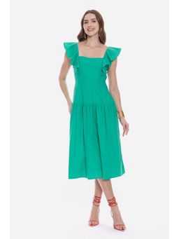 Virgio - Solid Cotton Butterfly Sleeve Midi Dress For Women - Green
