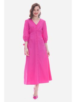 Virgio - Solid Pink V Neck Maxi Dress With Bow Tie Up Puff Sleeve