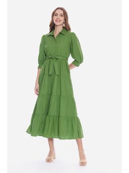 Virgio - Solid Green Tiered Midi Dress With Waist Fabric Belt
