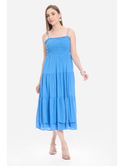 Virgio - Solid Blue Smocked Bodice Layered Midi Dress
