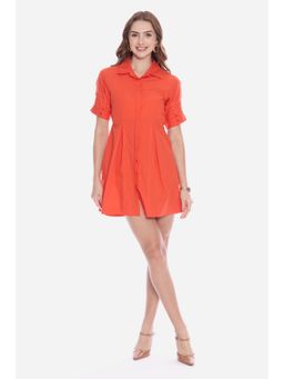 Virgio - Solid Orange Pleated Sleeves Mini Shirt Dress