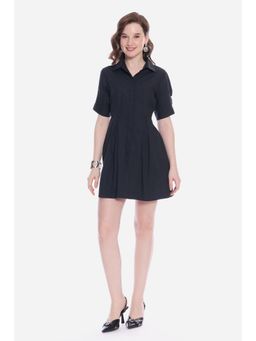 Virgio - Solid Black Pleated Sleeves Mini Shirt Dress