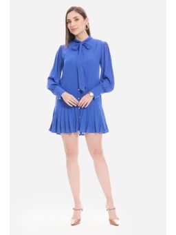 Virgio - Solid Blue Neck Tie-Up Mini Dress With Bishop Sleeve