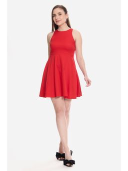 Virgio - Solid Red Sleeveless Round Neck Mini Dress