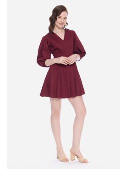 Virgio - Solid Maroon V-Neckline Puff Sleeve Mini Dress