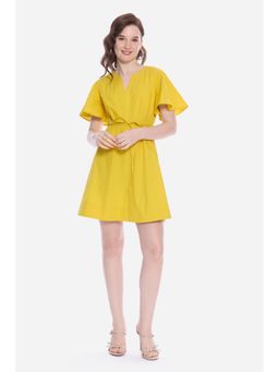 Virgio - Solid Yellow V Neckline Bell Sleeve Mini Dress