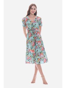 Virgio - Teal Floral Viscose Cinched Waist Midi Dress For Women