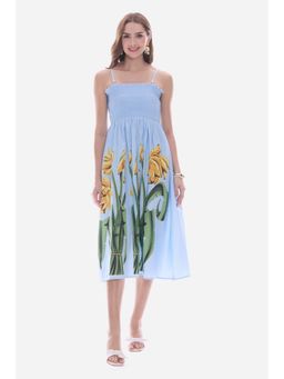 Virgio - Blue Stripes Cotton Smocked Bodice Midi Dress For Women