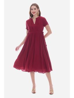 Virgio - Solid Maroon Waist Adjusting Midi Dress