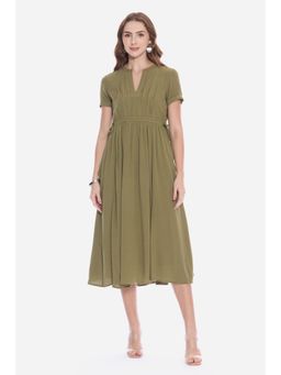 Virgio - Solid Olive Waist Adjusting Midi Dress