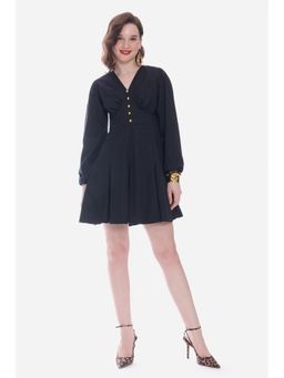 Virgio - Solid Black Godet Mini Dress With Puff Sleeves