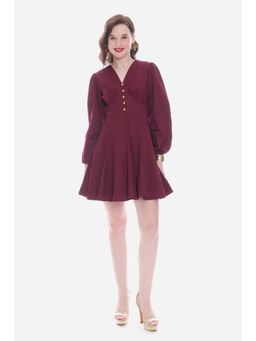 Virgio - Solid Maroon Godet Mini Dress With Puff Sleeves