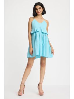 Virgio - Solid Blue Strappy Layered Pleated Mini Dress