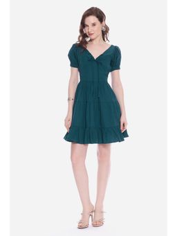 Virgio - Solid Teal V-Neck Tiered Mini Dress