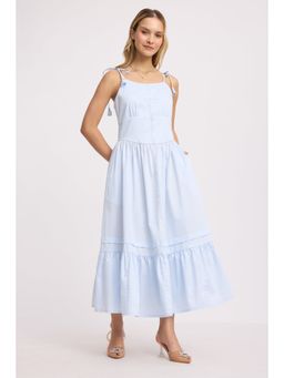 Virgio - Solid Blue Shoulder Tie-Up Maxi Dress