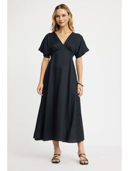 Virgio - Solid Black V-Neck Extended Flutter Sleeve Midi Derss
