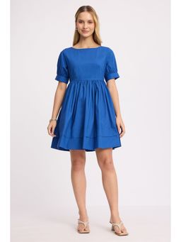 Virgio - Solid Blue Pleated Hem Mini Dress