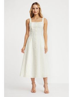 Virgio - Embroidered Off White Broad Strap Midi Dress
