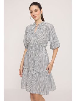 Virgio - Multi-Color Stripes White Raglan Sleeve With Front Tie-Up Mini Dress