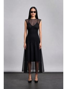 Virgio - Solid Viscose Pintuck A-Line Maxi Dress For Women - Black